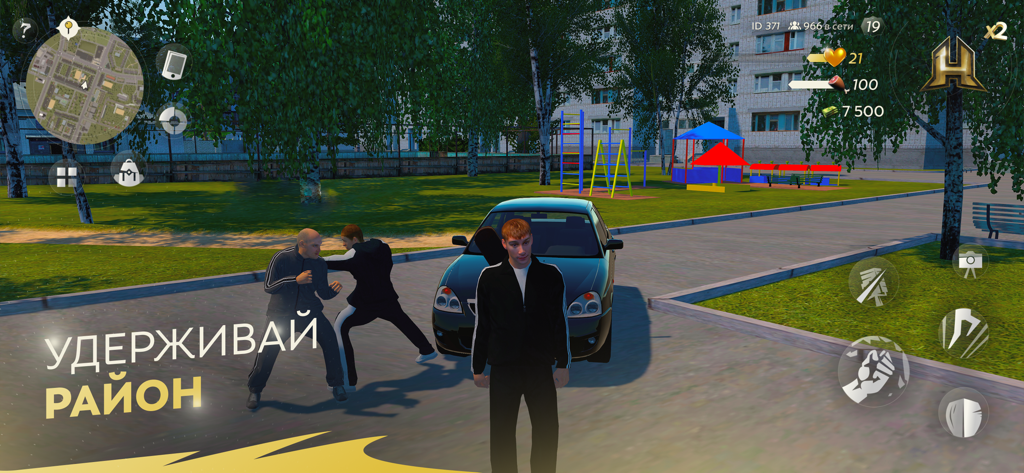 Mobile gameplay from Hassle Online showing characters in tracksuits fighting in an urban setting