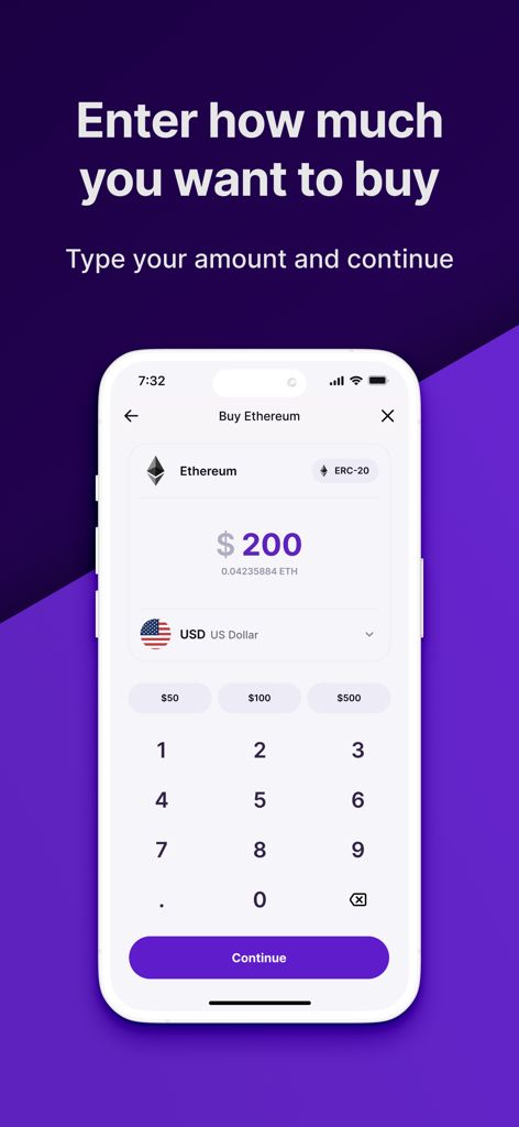 Coindisco mobile app interface showing a user entering two hundred dollars to buy Ethereum