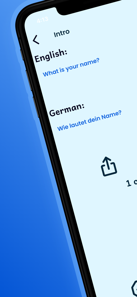Screenshot of a German lesson showing the translation for What is your name