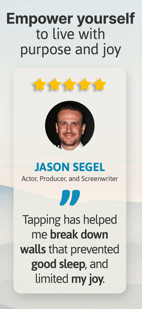 Jason Segel testimonial for The Tapping Solution app highlighting improvements in sleep and joy