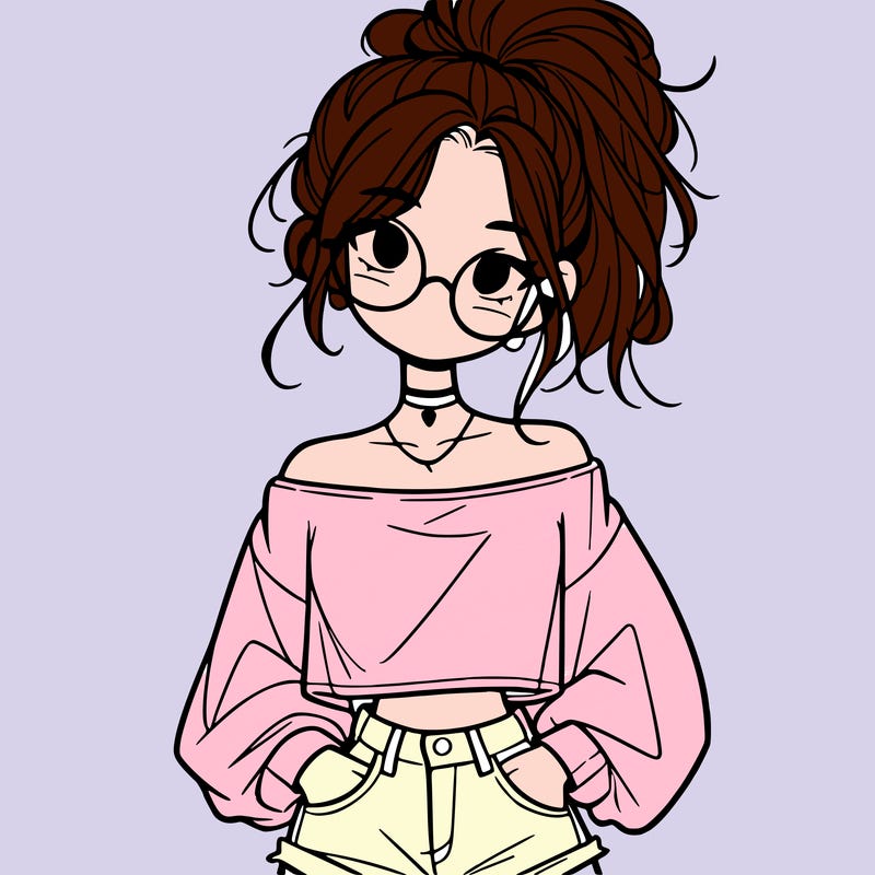 girl with a messy ponytail glasses a baggy crop top and jean shorts