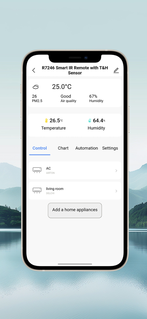 WOOX Home - WOOX Home App-Oberfläche mit Einstellungen für den intelligenten IR-Fernbedienung mit Temperatur- und Feuchtigkeitsdaten