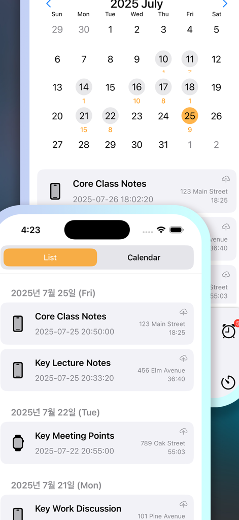 EZRecorder: One-Tap Recording - Interfaz de historial de grabaciones de voz que muestra vistas de calendario y lista con datos de ubicación e iconos de sincronización de dispositivos.