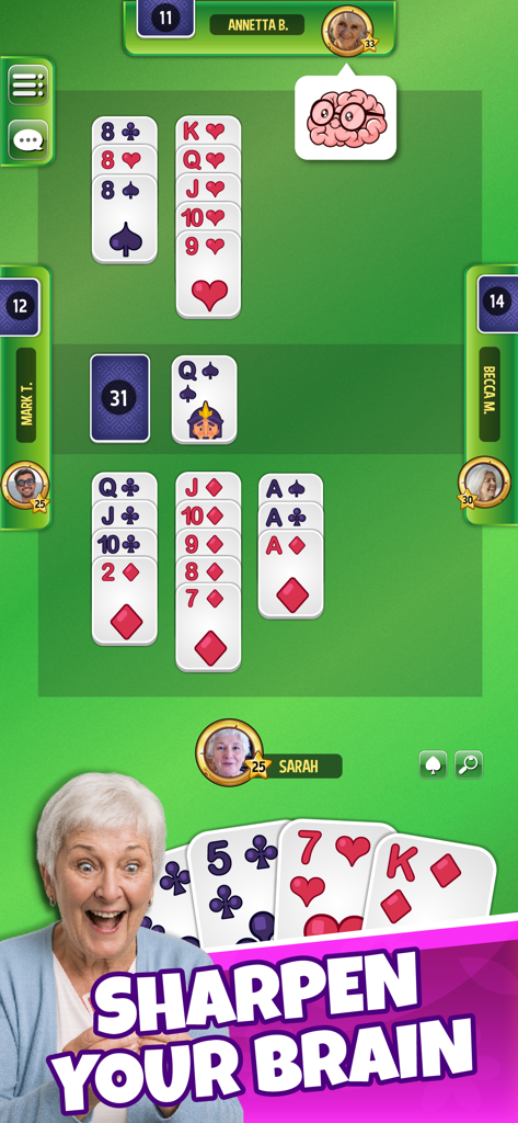 Gameplay of Burraco online multiplayer card game with an elderly woman and a text overlay saying sharpen your brain