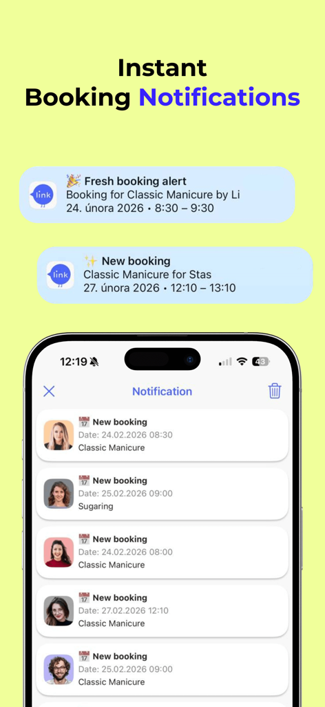tobook.link: Booking System - Mobile phone screen displaying instant booking alerts and a list of new client appointments for services like manicures and sugaring.