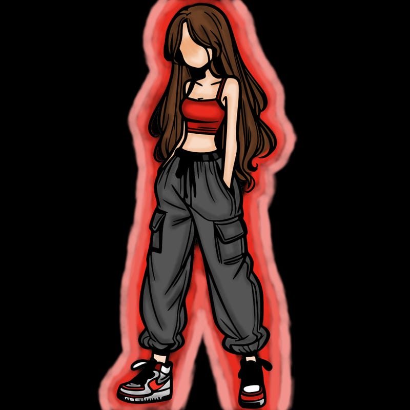 girl in baggy pants crop top and long hair