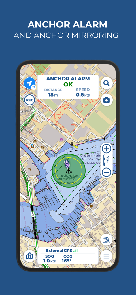 Aqua Map Boating mobile app interface displaying the anchor alarm feature on a nautical chart of Annapolis Harbor
