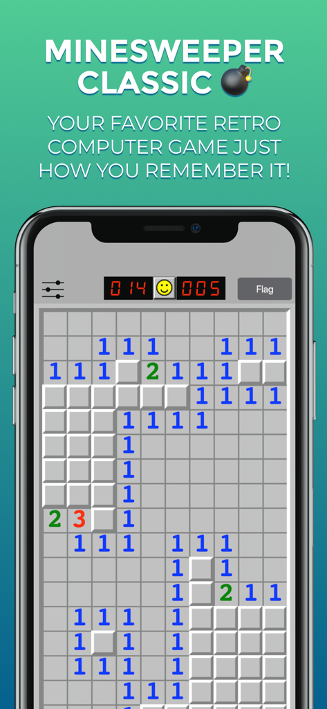 Classic Minesweeper game interface on an iPhone with retro grey tiles and numbered grid