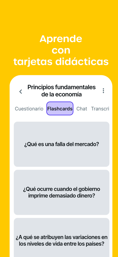 Anotamelo - Apuntes con IA - A mobile app screen showing interactive AI-generated flashcards for studying economics in Spanish.