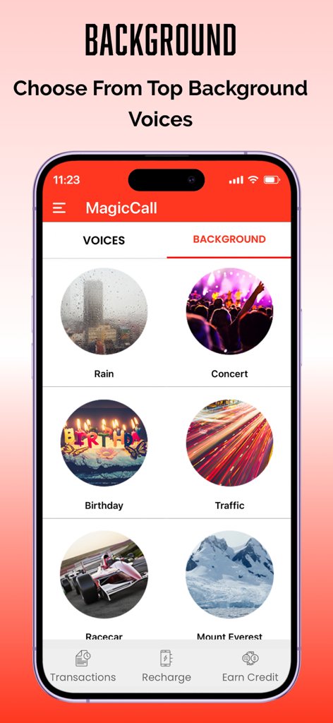 MagicCall - Voice Changer App - Interface do aplicativo MagicCall mostrando opções de som de fundo para chamadas, incluindo chuva, show e trânsito