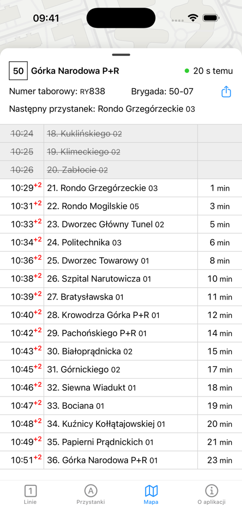 Real-time schedule and upcoming stops for a transit line in the Odjazdowy Krakow app