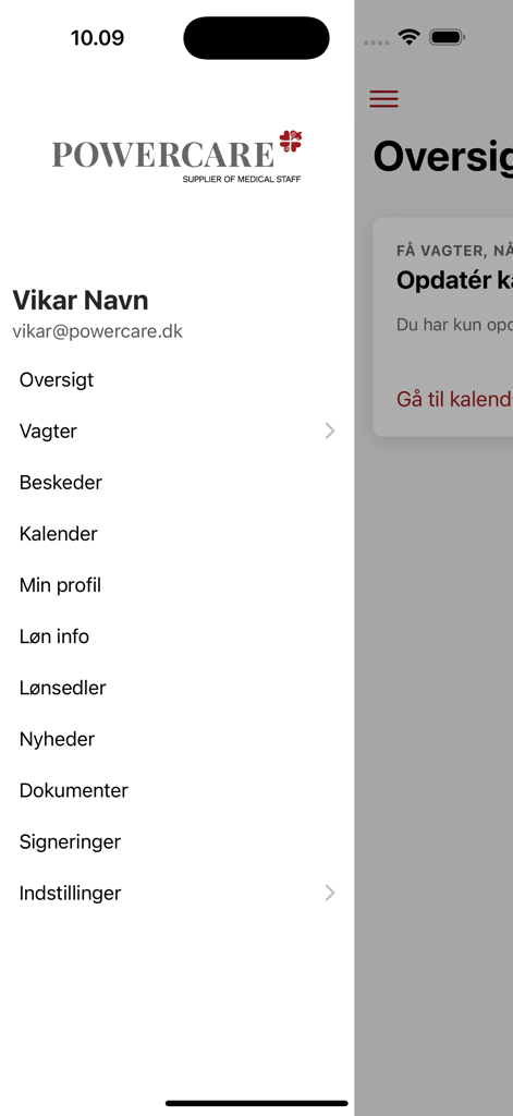 Navigation menu of the Powercare Vikar mobile app showing shift and salary management options for healthcare workers.