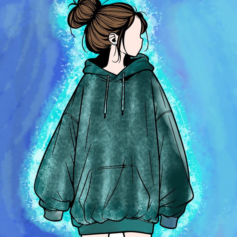 realistic girl with a oversized sweatshirt on and a bun