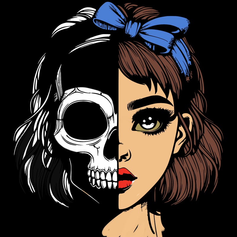 realistic girl with half skull mask