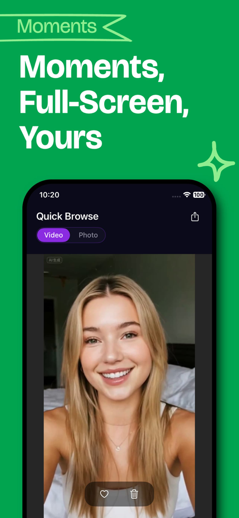 Memories Cleaner：Memory Grove - Memory Grove 앱의 빠른 탐색 기능이 관리 아이콘이 있는 전체 화면 사진을 표시하고 있습니다.