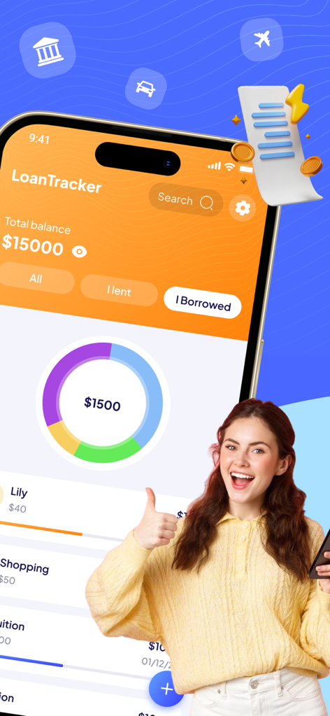 Loan Tracker: Smart Loan - Interface de l'application Loan Tracker sur un iPhone montrant un tableau de bord financier avec un solde total de 15000 dollars et un graphique récapitulatif des dettes