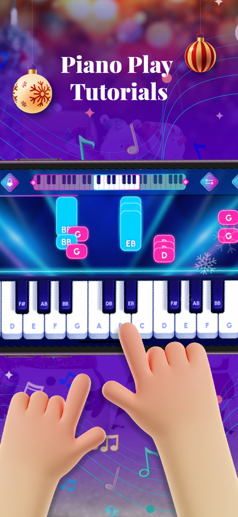 Piano Lessons: Simple & Easily - Interaktives Klavierspiel-Tutorial, das fallende Noten und eine virtuelle Tastatur auf einem Smartphone-Bildschirm zeigt