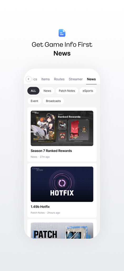 DAK.GGモバイルアプリのニュースフィード。Eternal Returnのパッチノートとランク報酬が表示されています。