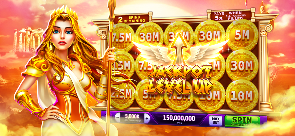 Athena Rising slot machine showing a jackpot level up screen with gold coins and a huge coin win