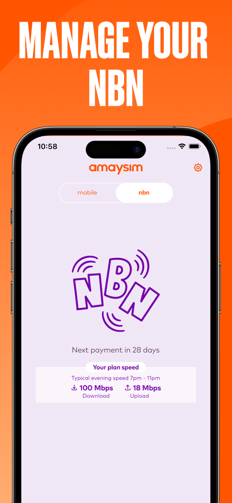 amaysim app dashboard showing NBN internet plan speed and payment countdown