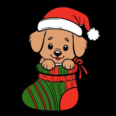 cute puppy wearing santa hat in socking