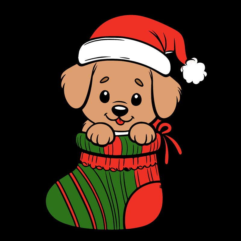 cute puppy wearing santa hat in socking