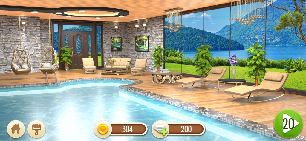 Design My Home Makeover: Words - Diseño de sala de piscina interior de lujo con muebles y una vista escénica del lago en un juego de cambio de imagen del hogar