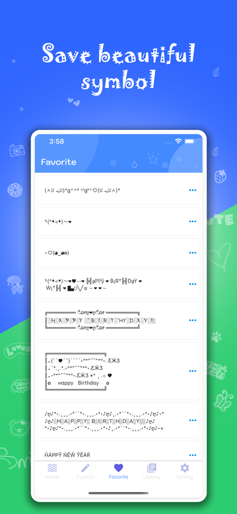 Fancy & Stylish Text - Una pantalla de aplicación móvil que muestra una lista de estilos de texto elegantes y símbolos decorativos guardados para apodos en redes sociales y juegos