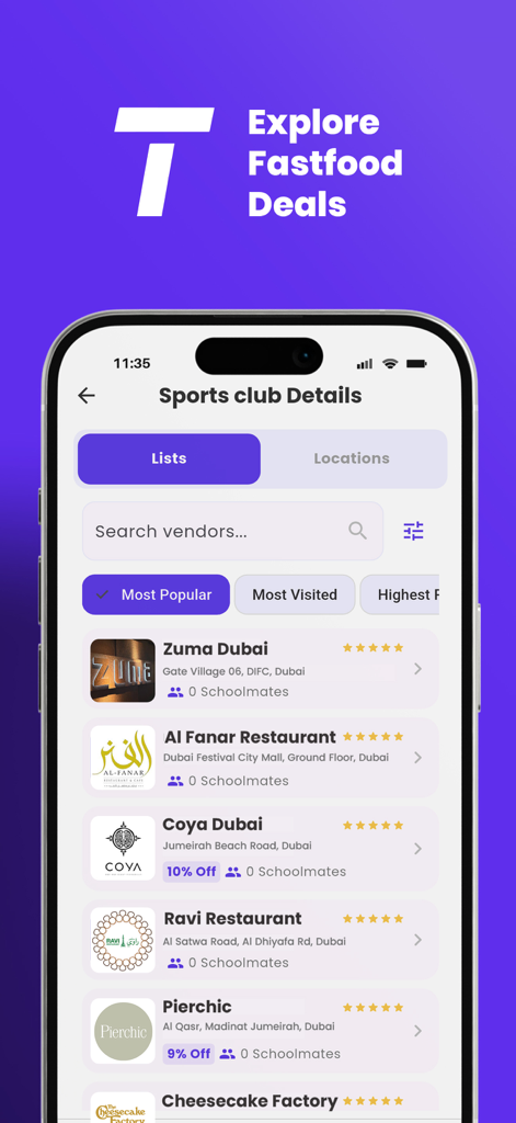 Tolaab - Pantalla de la aplicación móvil Tolaab que muestra una lista de descuentos en restaurantes locales y ofertas para estudiantes