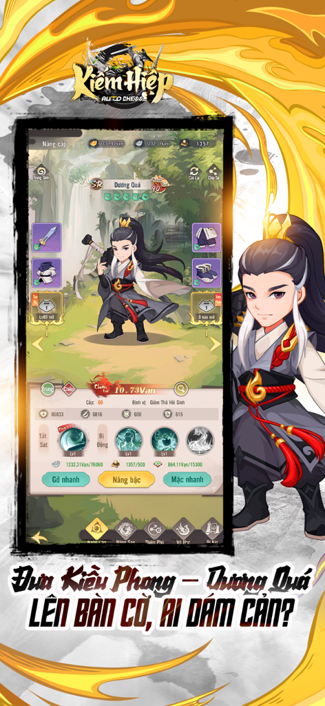Kiếm Hiệp Auto Chess - Character upgrade screen showing Dương Quá in Kiếm Hiệp Auto Chess mobile game