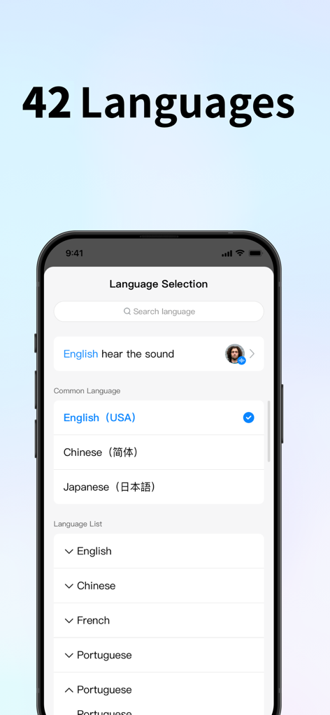 Interface of Timekettle app displaying language selection options for 42 different languages