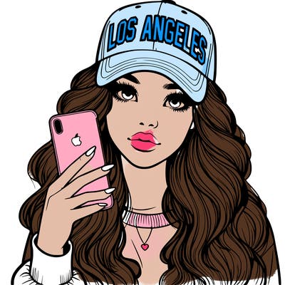 realistic beautiful girl wearing los ángeles cap holding an iphone