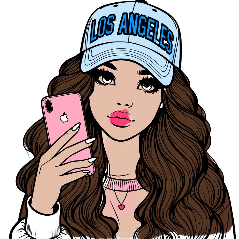 realistic beautiful girl wearing los ángeles cap holding an iphone