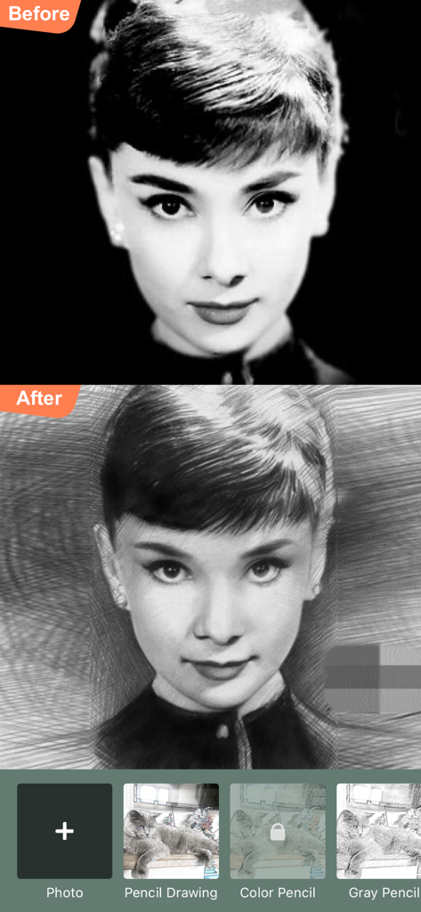 Photo to Sketch Drawing Maker - 白黒のポートレート写真が鉛筆画に変換された比較