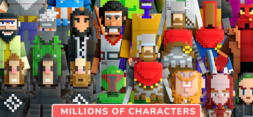 Eine vielfältige Sammlung von 3D-Voxel-Stil-Charakteren, die in der Animatoon-App erstellt wurden