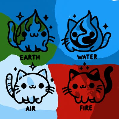 4 cats that represent the different elements, earth, water, air, and fire
