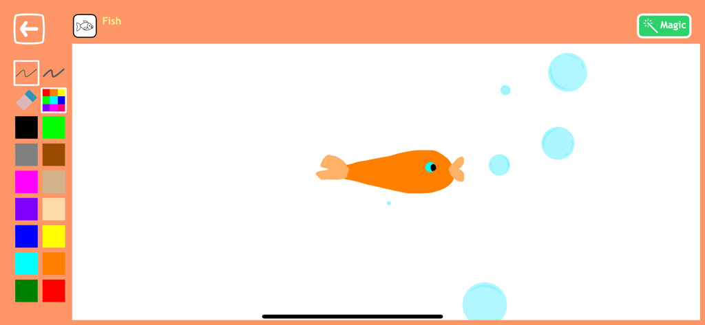 Drawing to Animation for Kids - A simple drawing of an orange fish with bubbles in a preschool creative app interface