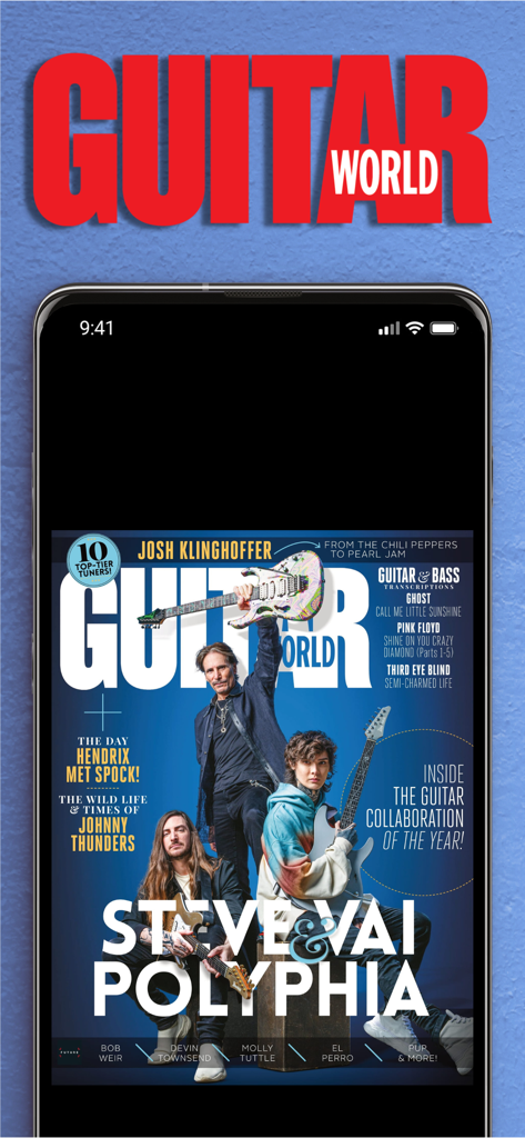 Guitar World Magazine - スティーヴ・ヴァイとポリフィアをフィーチャーしたGuitar World Magazineの表紙を表示するスマートフォン