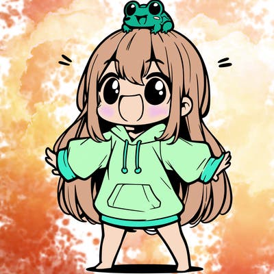 a excited chibi girl whith long hair and a baggy shirt whith a frog on there head