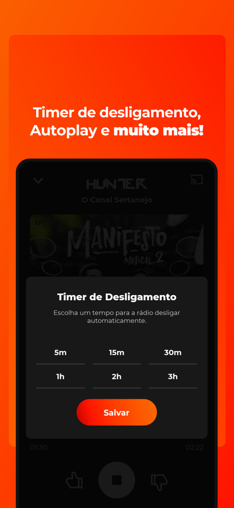 Tela do aplicativo Hunter.FM mostrando a interface do timer de sono com opções de 5 minutos a 3 horas