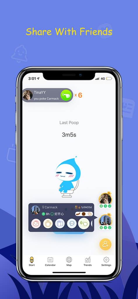 Interface de l'application GoPoop montrant la fonction Partager avec des amis avec une mascotte de dessin animé sur des toilettes et des notifications d'interaction sociale