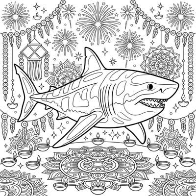 Experience an unprecedented blend of ancient marine power and vibrant festivities with our Megalodon Diwali coloring page. This unique design brings the awe-inspiring giant shark into a world of dazzling lights and traditional celebrations, ready for your creative touch.