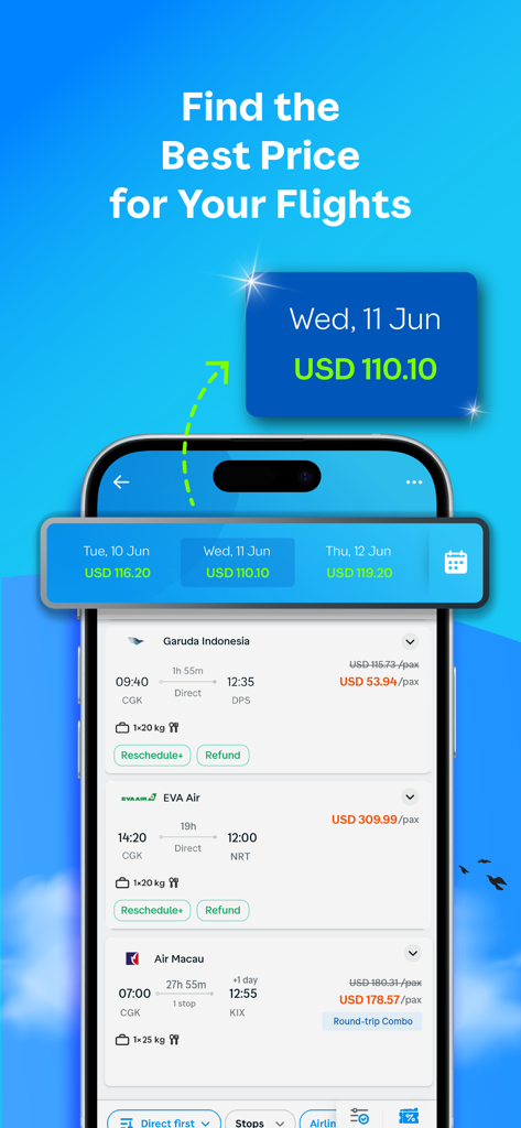 Traveloka mobile app screen showing flight price comparison and airline options