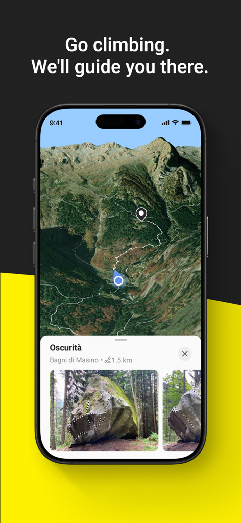 Smartphone mit der 27 Crags Kletter-App, einer 3D-Karte und Boulder-Topo-Details