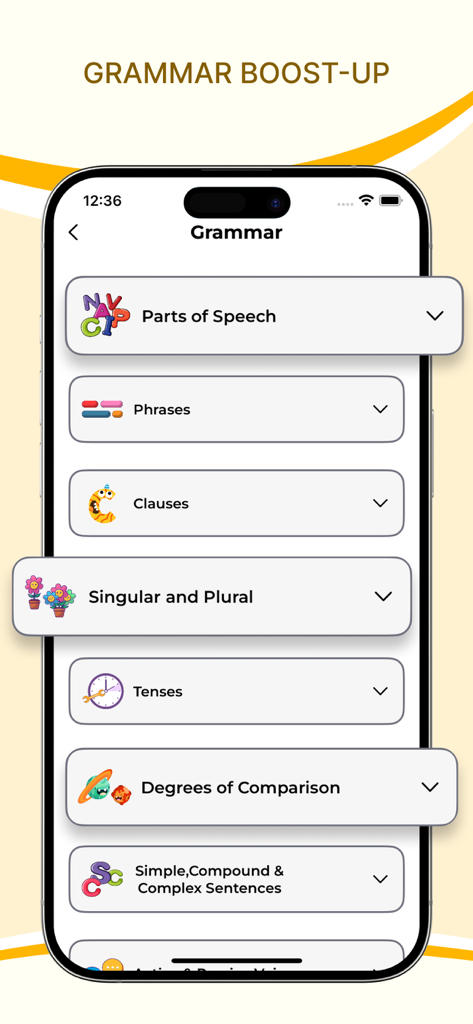 Learn English Through Gujarati - A list of English grammar categories including parts of speech and tenses in the Learn English Through Gujarati app