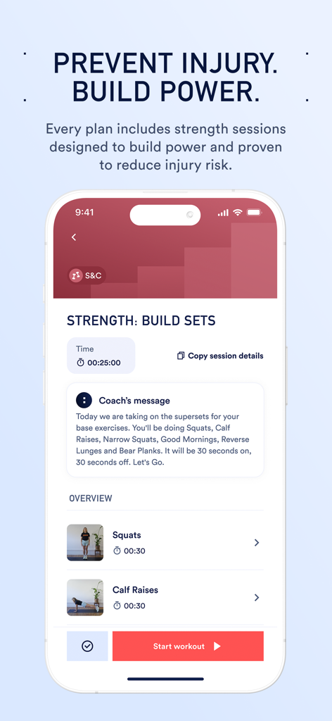 Coopah: The Run Coaching App - Mobile app screen showing a strength and conditioning workout with exercises for runners