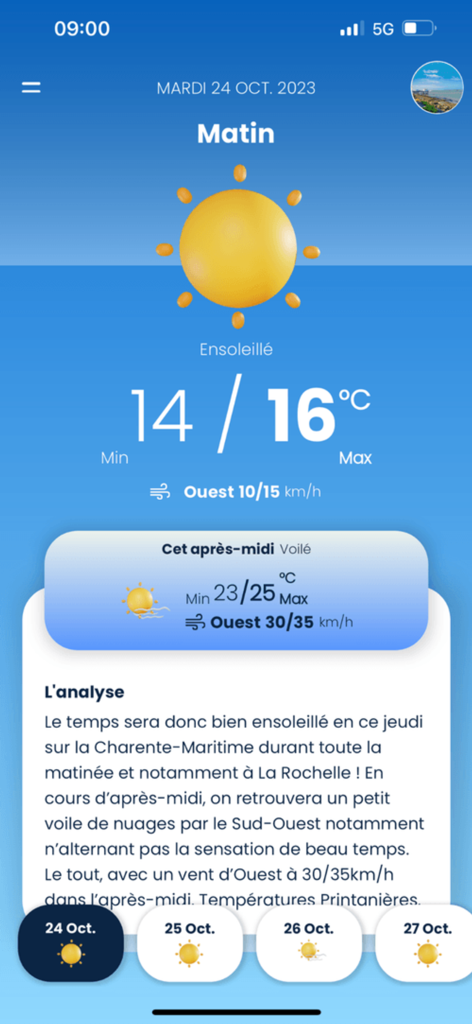 Prévi+ - Écran de l'application mobile montrant les prévisions météo d'un matin ensoleillé avec une analyse textuelle d'expert et les températures