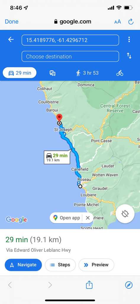 Explore Dominica - Map interface showing a driving route along the coast of Dominica