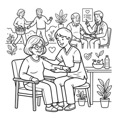 This heartwarming coloring page celebrates elderly health and wellness, showcasing various aspects of a vibrant senior lifestyle. From gentle care and medical check-ups to active outdoor moments and healthy eating, it's a beautiful tribute to joyful aging.