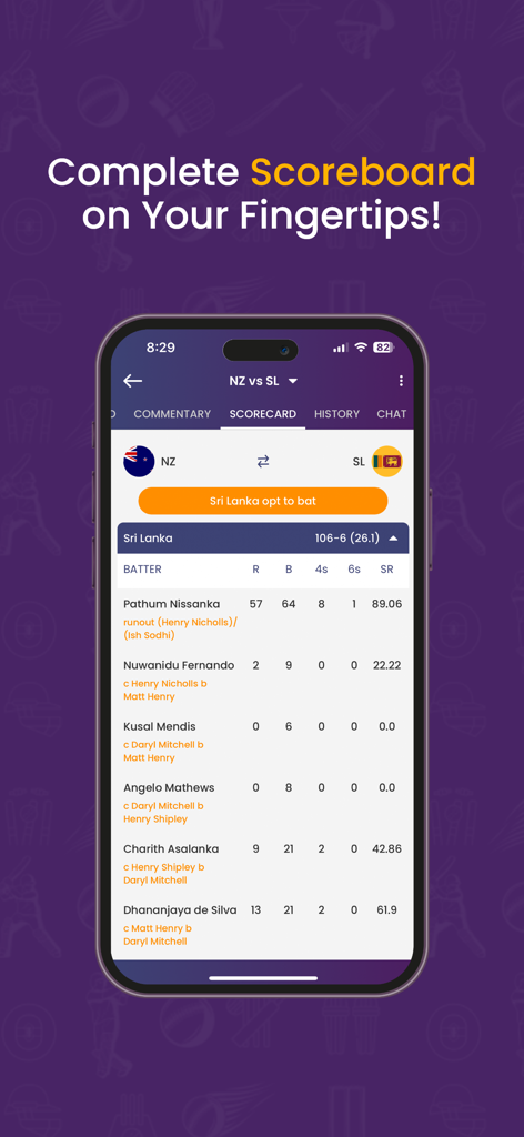 Cricket Guru - Live cricket match scorecard showing player statistics on the Cricket Guru app